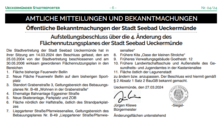 Öffentliche Bekanntmachung im Stadtreporter 04/2024